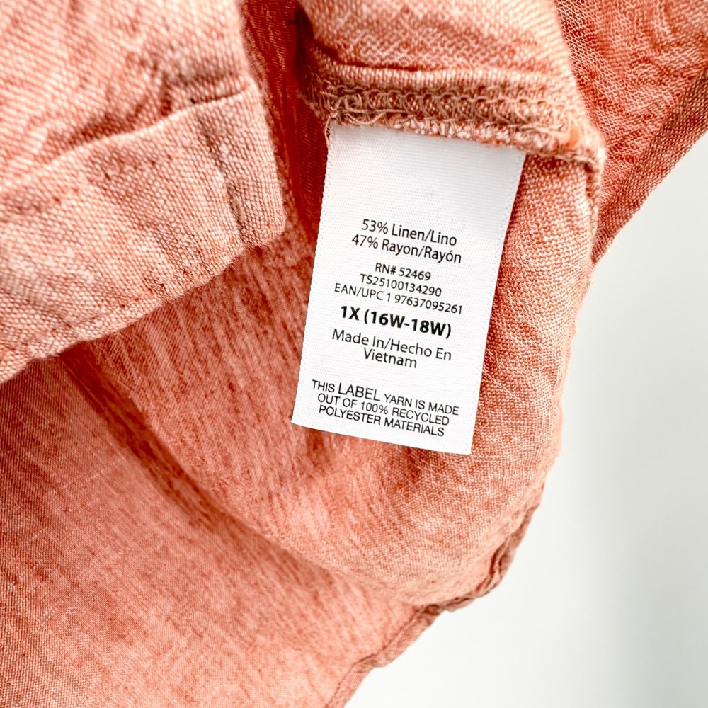 Terra & Sky Linen Blend Button Shirt 1X Coral Pink Short Sleeve Plus Size Blouse - Picture 6 of 8
